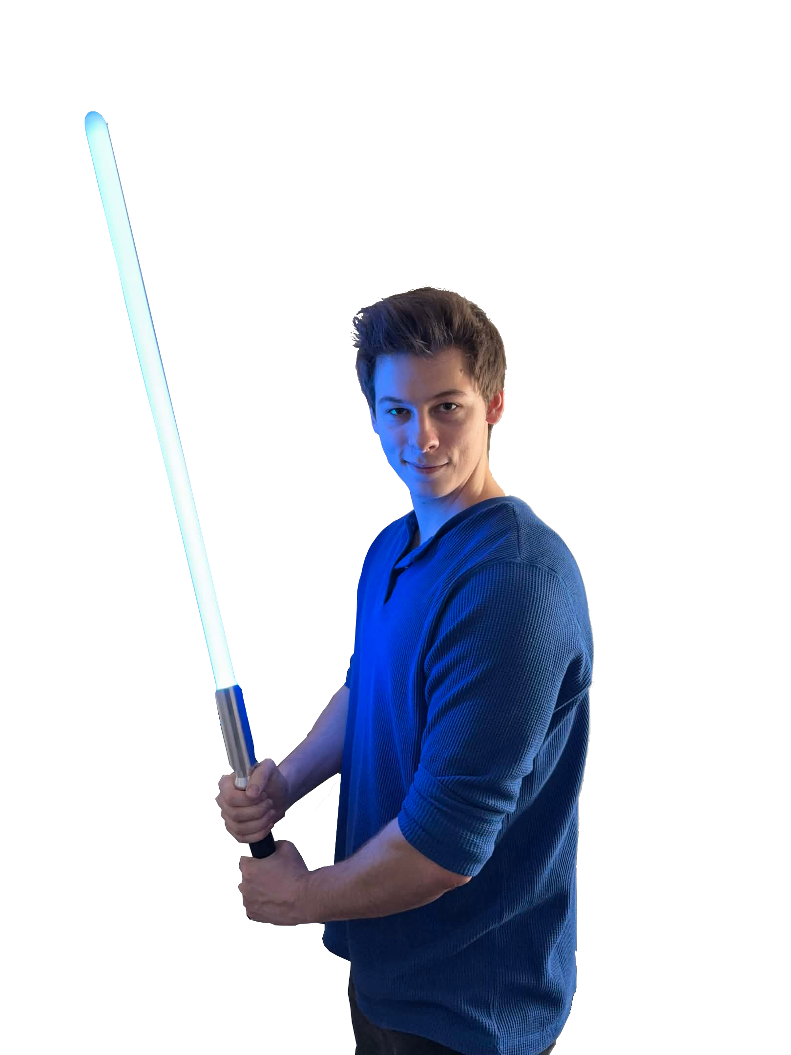  Transparent Picture of Cameron Thrap holding a lightsaber. He is wearing a blue shirt and has a slight smirk. 